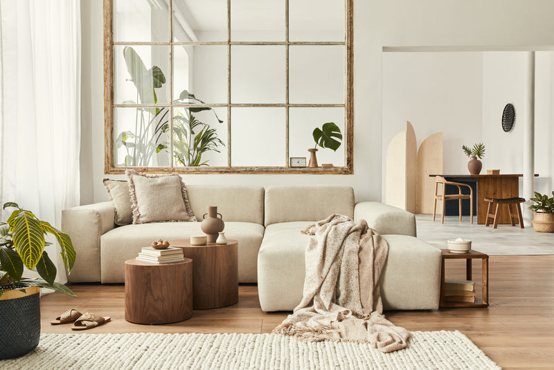 beautiful beige living room with wood tones decor