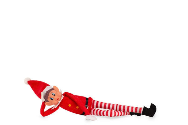 The Elf on the shelve toy lying down with his head in his hand 